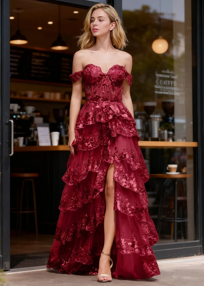 Kaleido Burgundy Sequins Ruffle Prom Dress | A - Line Off the Shoulder Sweetheart Neckline Tiered Dress with Slit - US0 - PromDressClub