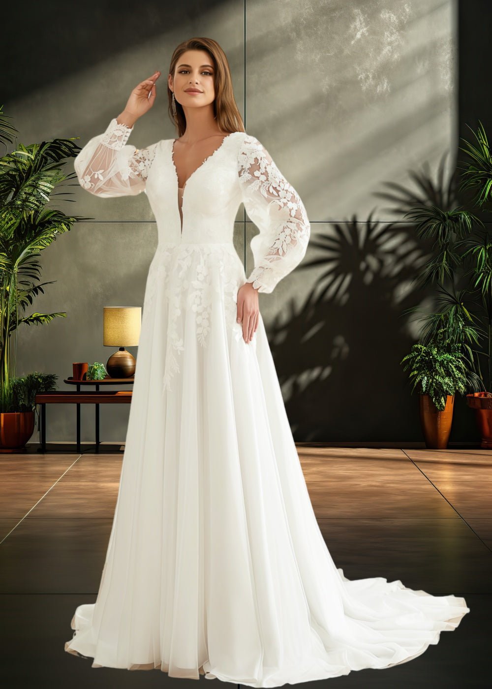 Kama | Elegant Sheath V Neck Lace Long Sleeve Ivory Chiffon Wedding Dress with Train from PDC - Ivory - PromDressClub