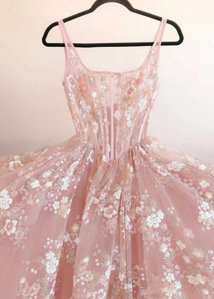 Kate | Ball Gown/Princess Blush Floral 3D Flower Square Neckline Prom Dress - Blush Floral - PromDressClub