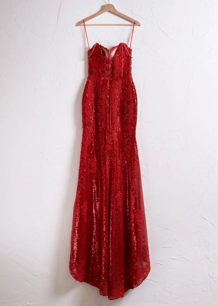 Kate | Sparkly Black Red Mermaid Strapless Strap Prom Dress with Slit and Train - Red - PromDressClub