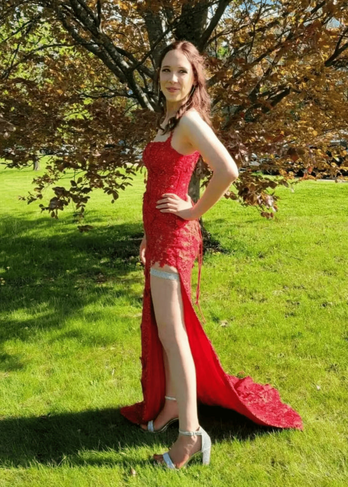 Kate | Sparkly Black Red Mermaid Strapless Strap Prom Dress with Slit and Train - Red - PromDressClub