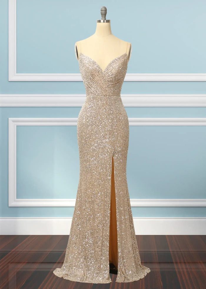 Kate | Strapless Champagne Sequin Mermaid Prom Dress Split - Champagne - PromDressClub