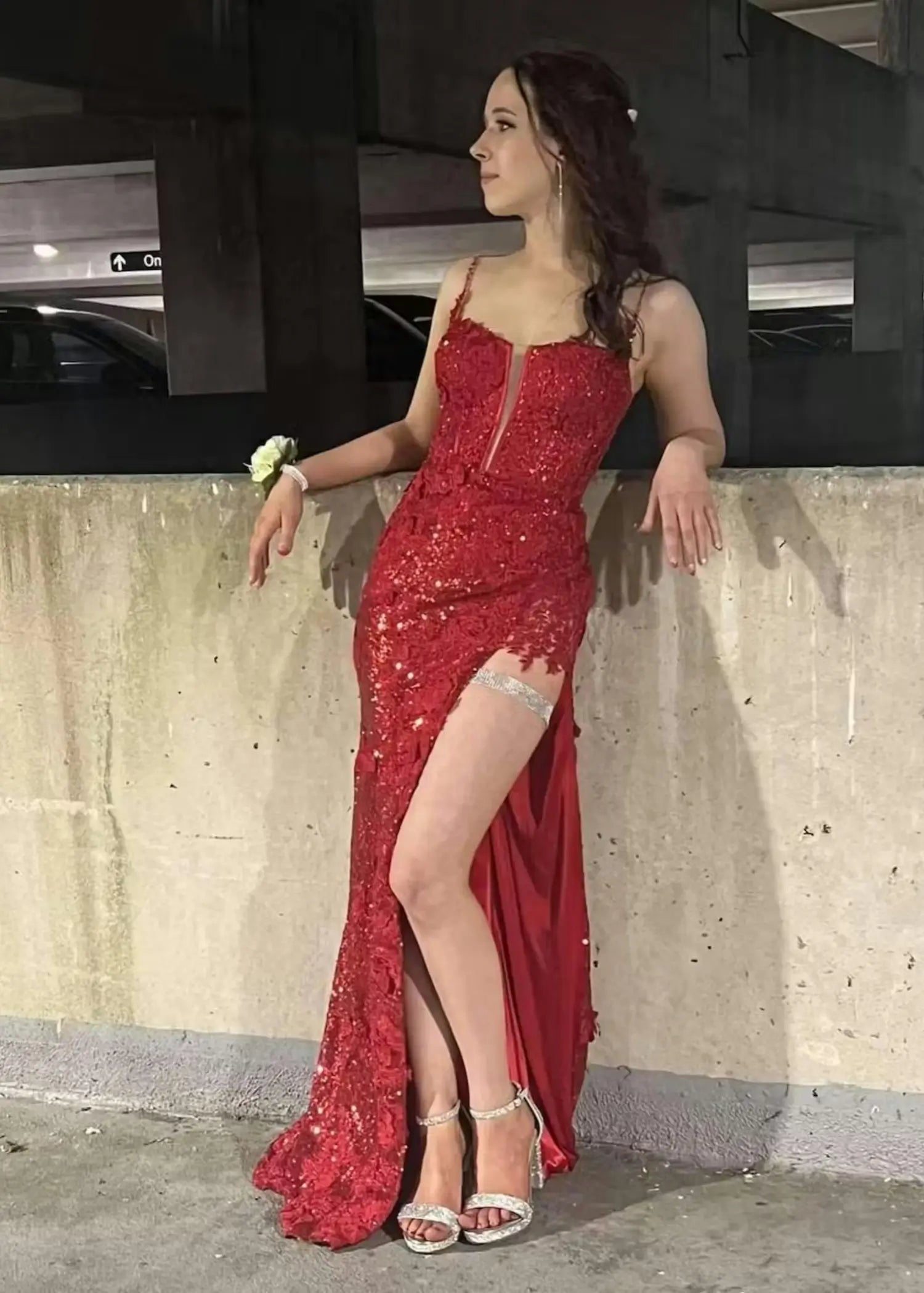 Kate |Trumpet Mermaid Spaghetti Sequins Straps Appliques Red Long Prom Dress with Slit - Red - US0 - PromDressClub