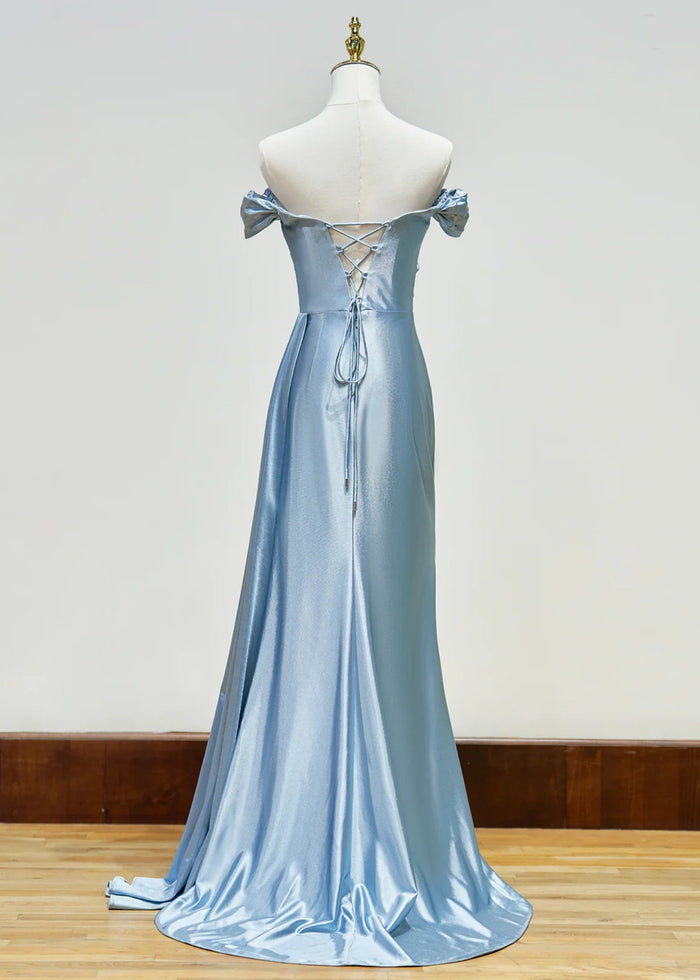 Katherine | Blue Prom Dresses Long Mermaid Satin Off the Shoulder with Slit - Dusty Blue - PromDressClub