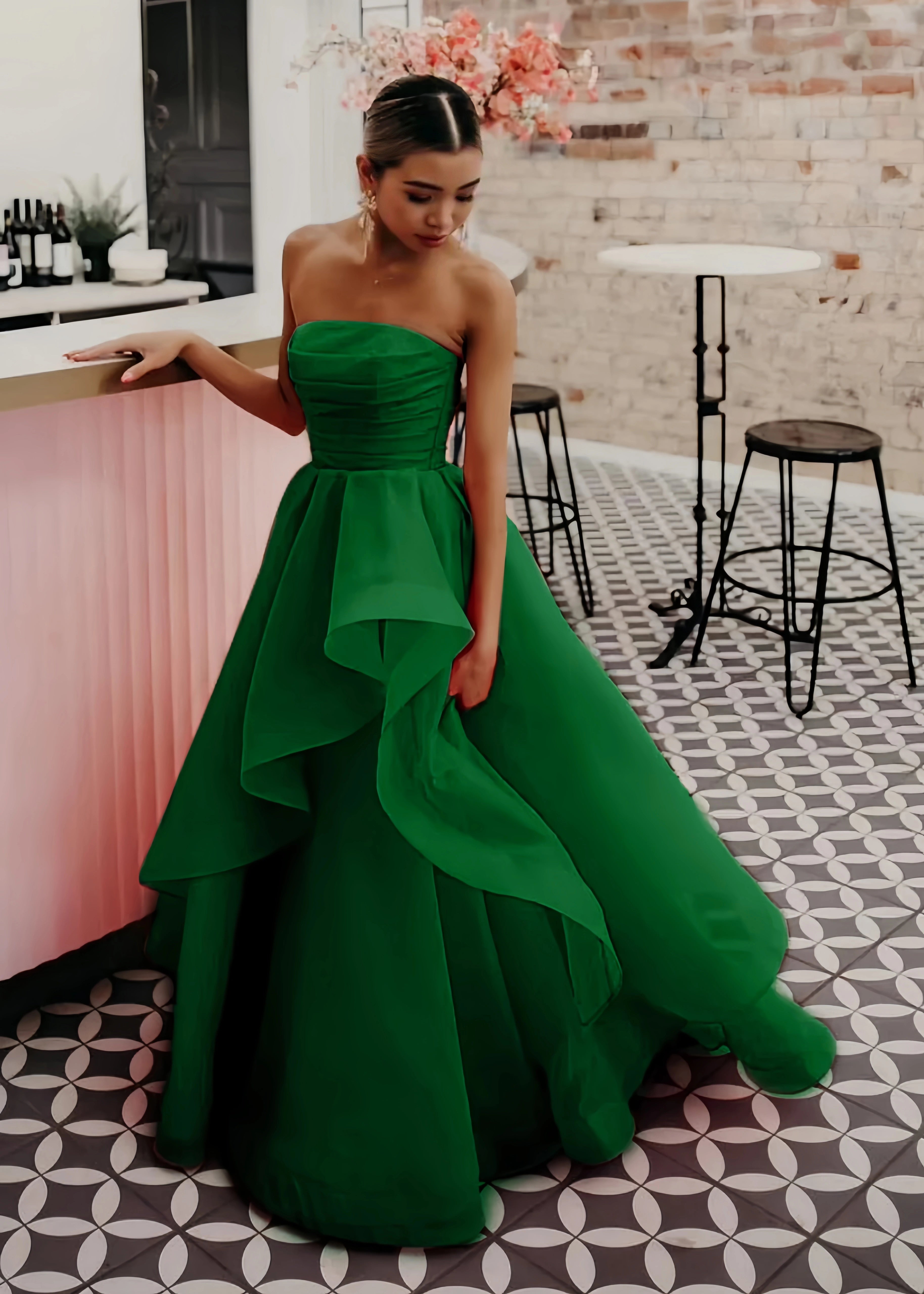 Katie |A Line Corset Dress Lace - up Back Light Pink Strapless Organza Long Prom Dress - Green - US0 - PromDressClub