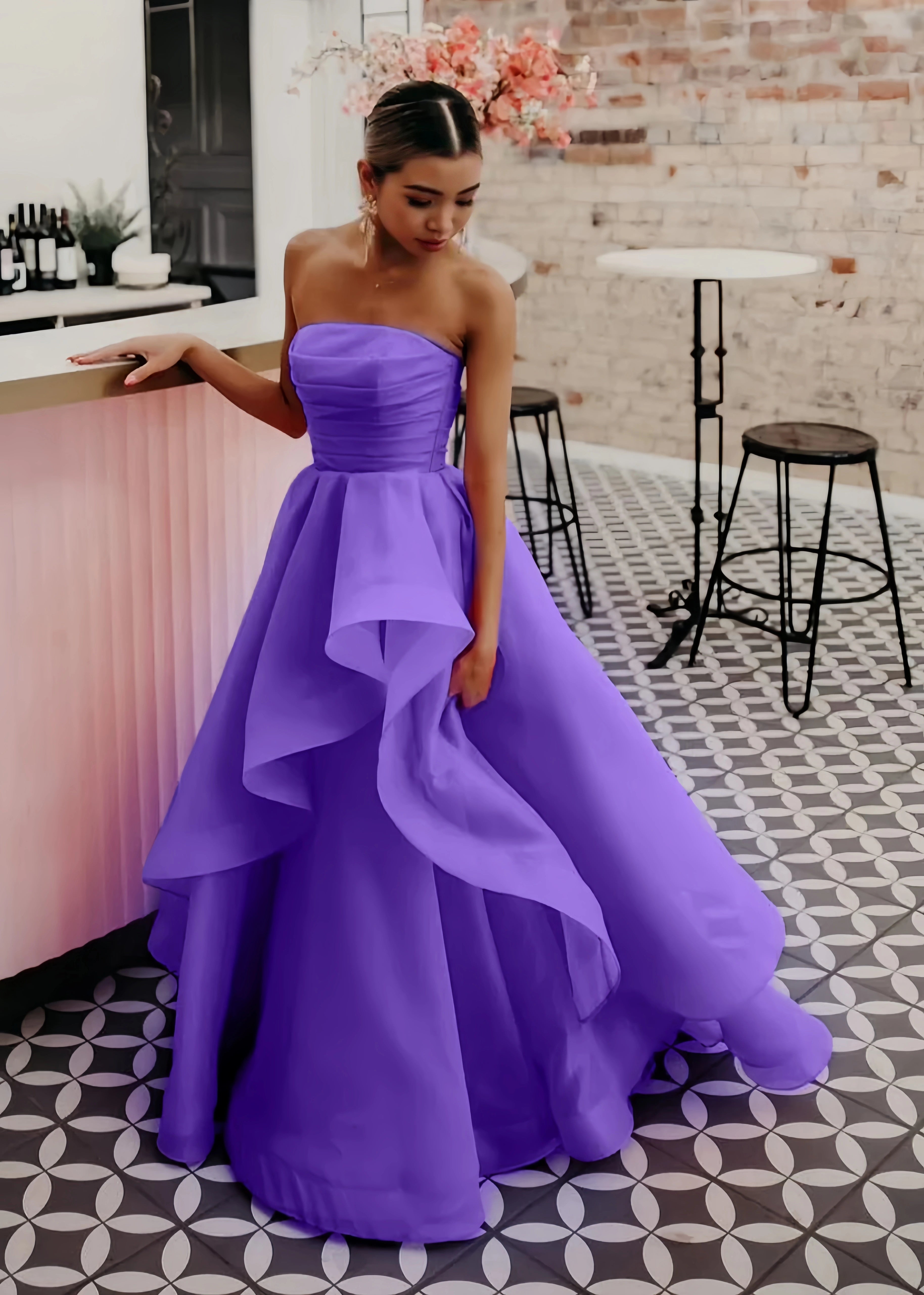 Katie |A Line Corset Dress Lace - up Back Light Pink Strapless Organza Long Prom Dress - Lilac - US0 - PromDressClub