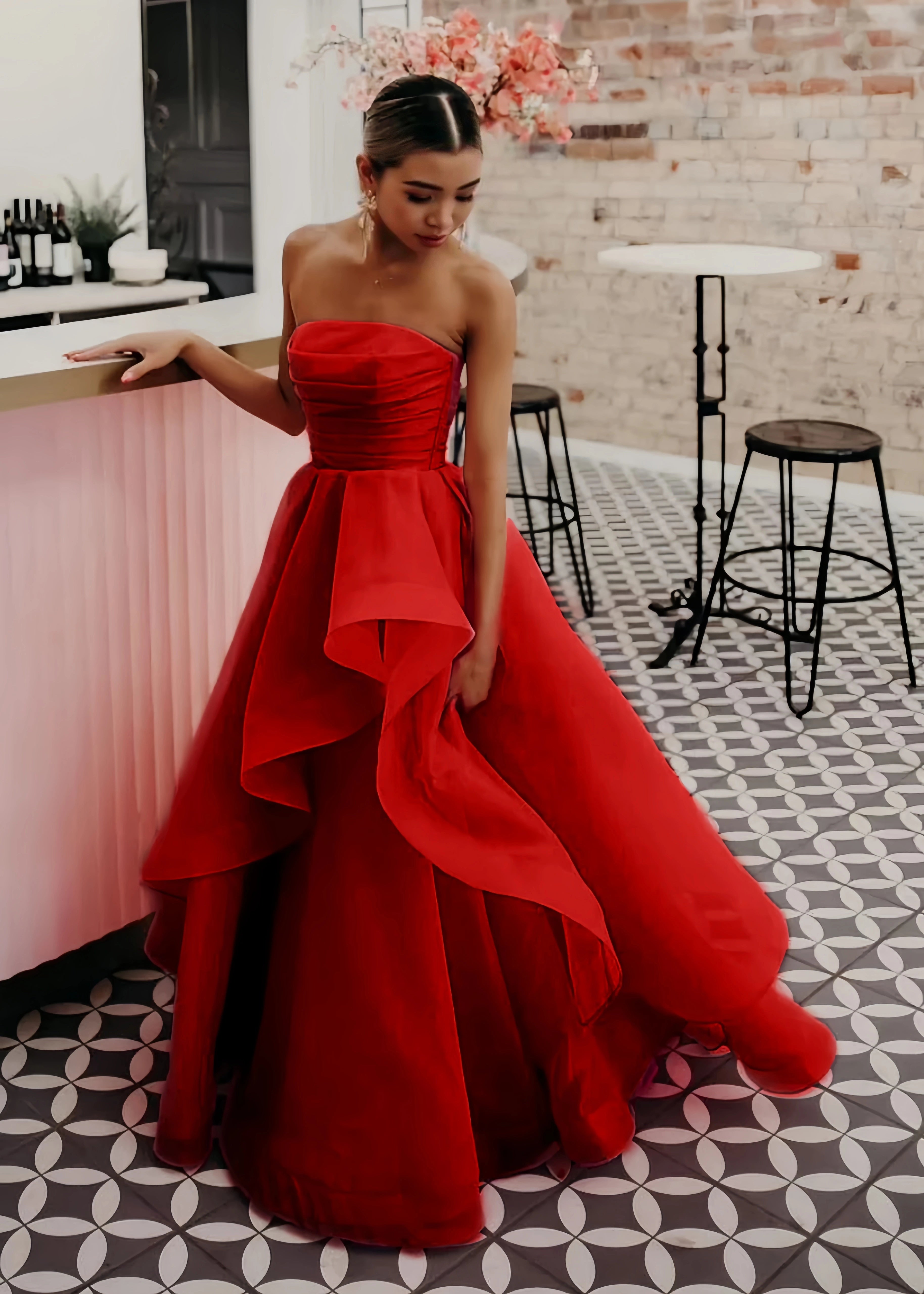 Katie |A Line Corset Dress Lace - up Back Light Pink Strapless Organza Long Prom Dress - Red - US0 - PromDressClub