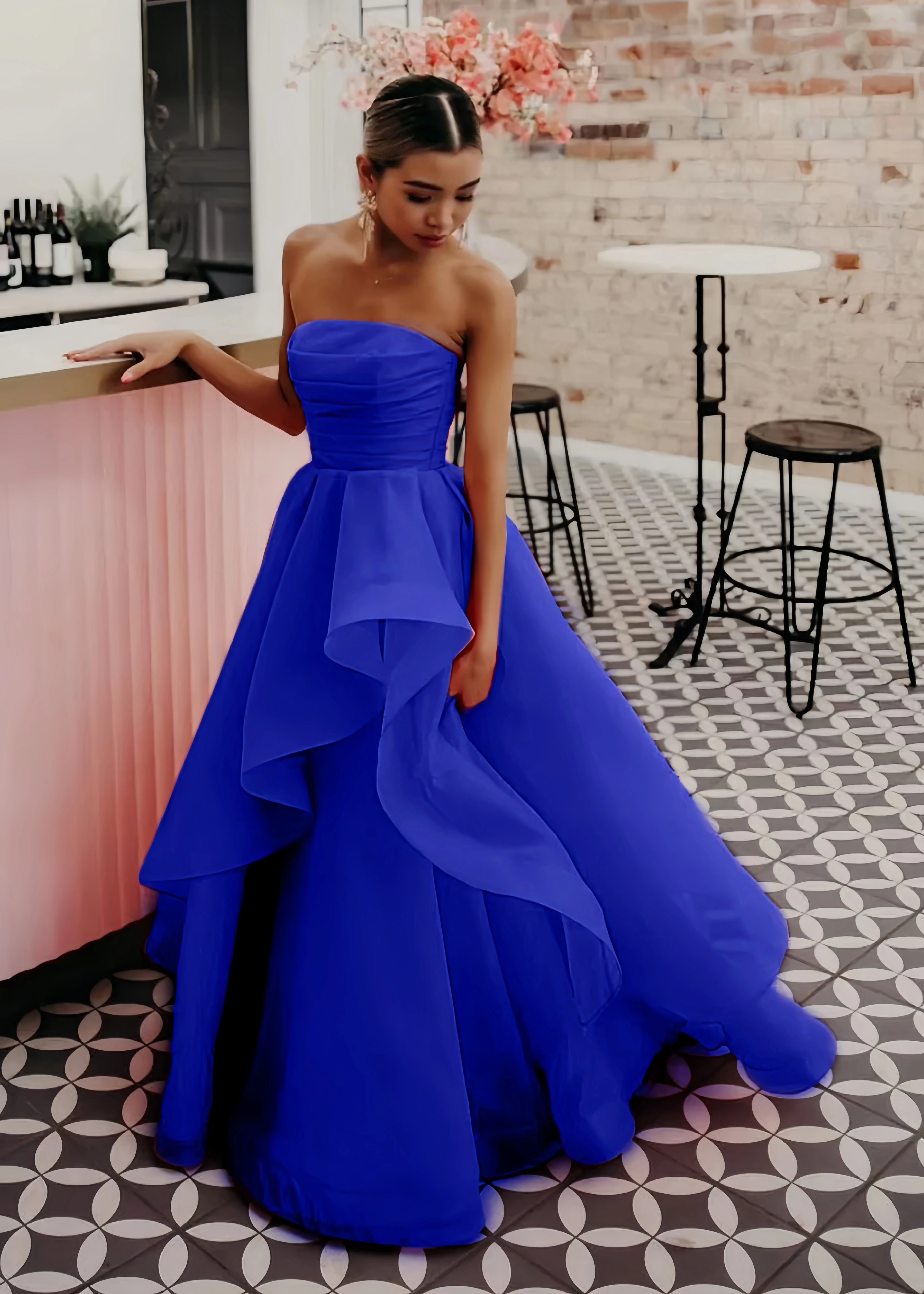 Katie |A Line Corset Dress Lace - up Back Light Pink Strapless Organza Long Prom Dress - Royal Blue - US0 - PromDressClub