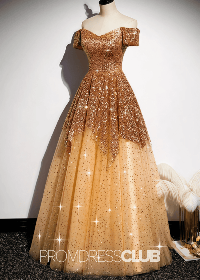 Kelly |Long Gold Prom Dresses Near Me With A Line Off the Shoulder Sequins - Price #price_variant_lowest# - Gold - PromDressClub