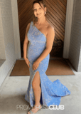 Kelly | Mermaid One Shoulder Light Blue Sequin Long Prom Dress with Slit - Light Blue - PROMDRESS Club