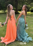 Kimberley | A Line Sparkly Orange Sequin Long Prom Dress with V - neck - Orange - PROMDRESS Club