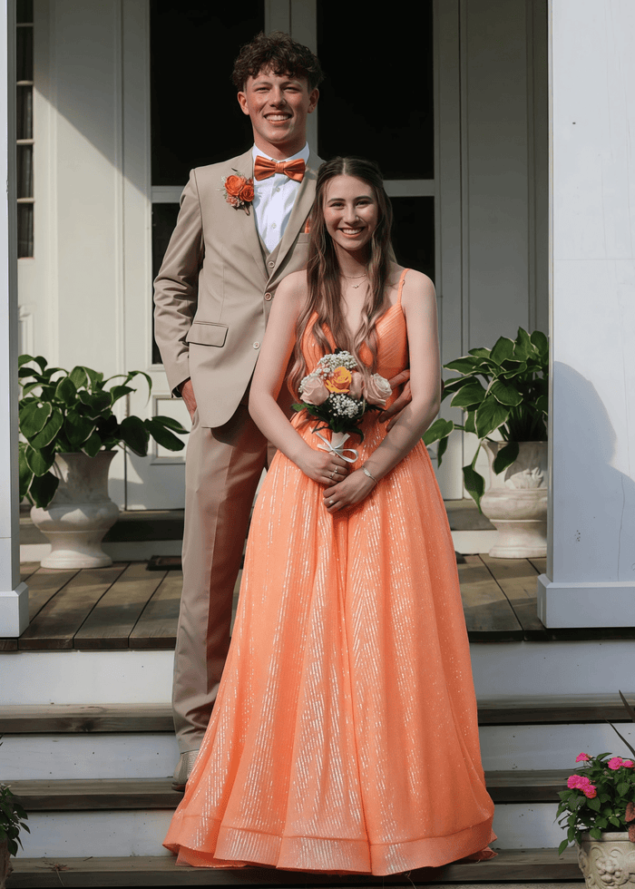 Kimberley | A Line Sparkly Orange Sequin Long Prom Dress with V - neck - Price #price_variant_lowest# - Orange - PromDressClub