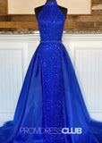 Kimberley |Royal Blue Long Prom Dresses Near Me With High Neck Sequin Mermaid Detachable Train - Royal Blue - US0 - PromDressClub