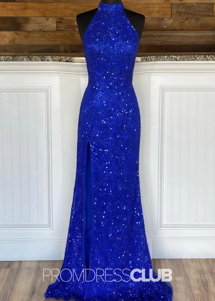 Kimberley |Royal Blue Long Prom Dresses Near Me With High Neck Sequin Mermaid Detachable Train - Price #price_variant_lowest# - Royal Blue - PromDressClub