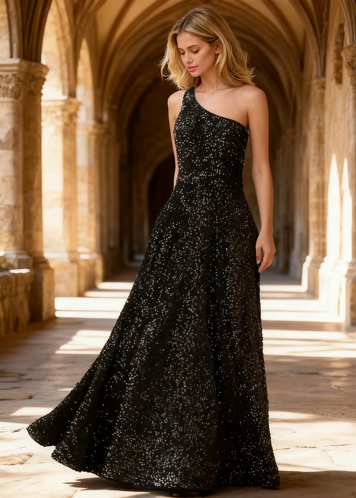 Mara Black Velvet 1 Shoulder Prom Dress | A - Line Asymmetrical Sequin Open Back Gown - US00 - PromDressClub