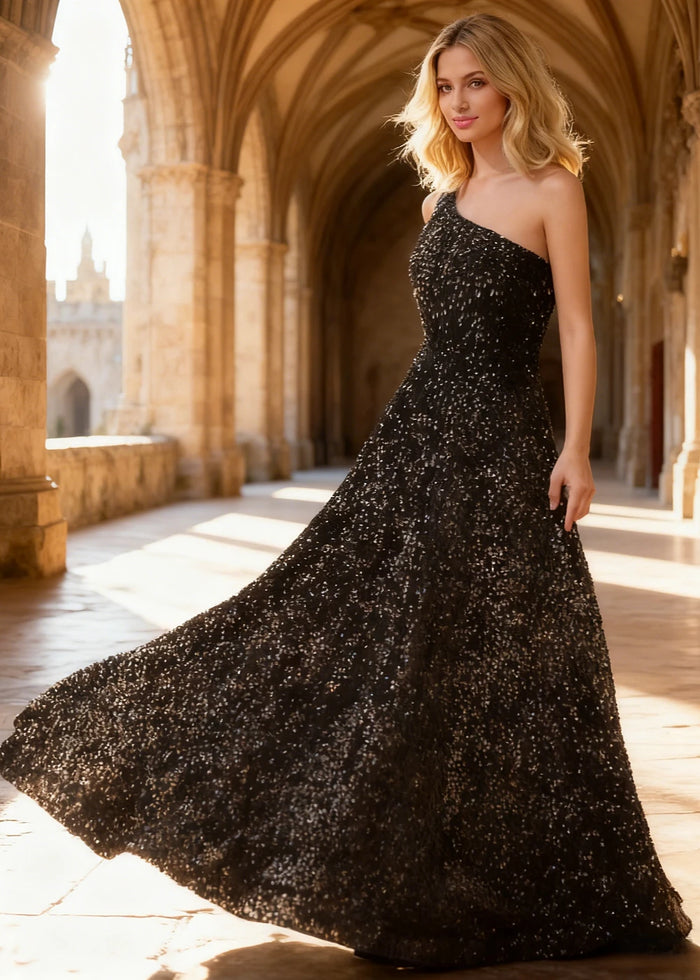 Mara Black Velvet 1 Shoulder Prom Dress | A - Line Asymmetrical Sequin Open Back Gown - US00 - PromDressClub