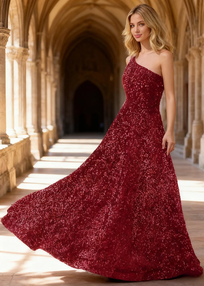 Mara Burgundy Velvet 1 Shoulder Prom Dress | A - Line Asymmetrical Sequin Open Back Gown - US00 - PromDressClub