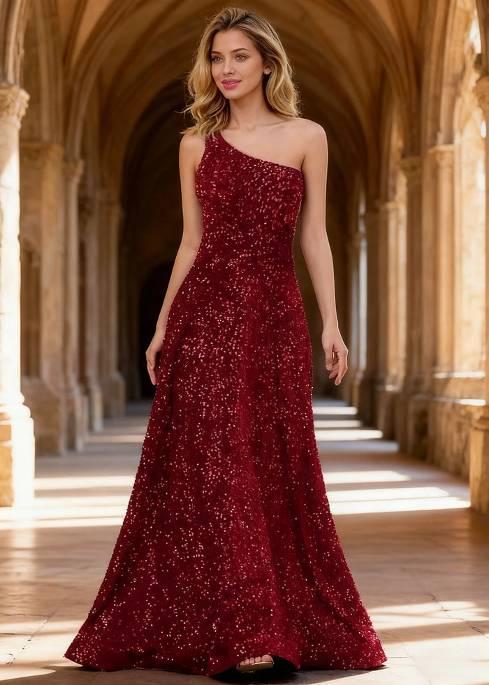 Mara Burgundy Velvet 1 Shoulder Prom Dress | A - Line Asymmetrical Sequin Open Back Gown - US00 - PromDressClub