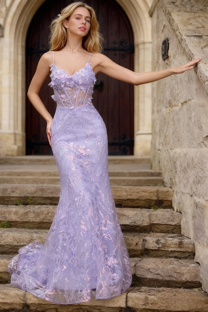 Kira Lavender Glitter Dress Mermaid Prom | Spaghetti Strap Sweetheart Neckline Corset Flower Gown - US0 - PromDressClub