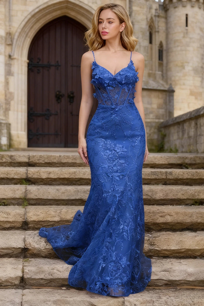 Kira Royal Blue Glitter Dress Mermaid Prom | Spaghetti Strap Sweetheart Neckline Corset Flower Gown - US0 - PromDressClub
