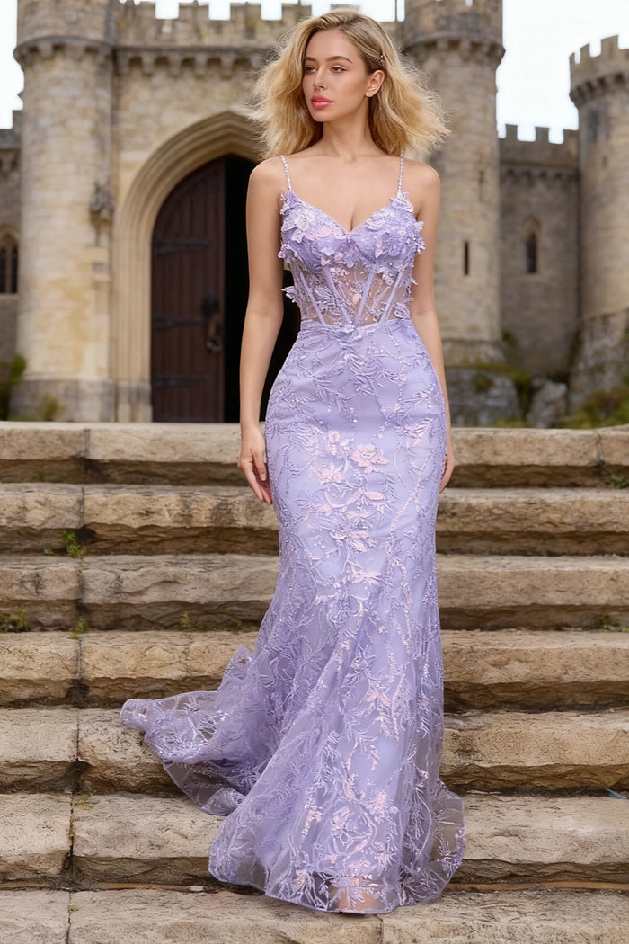 Kira Lavender Glitter Dress Mermaid Prom | Spaghetti Strap Sweetheart Neckline Corset Flower Gown - US0 - PromDressClub