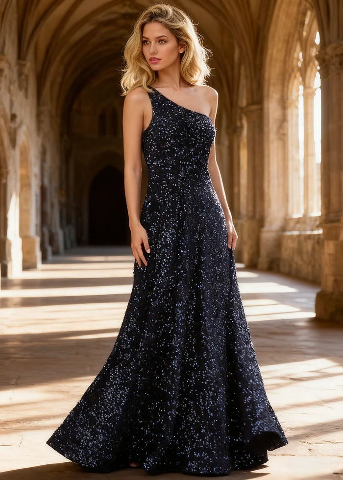 Mara Navy Blue Velvet 1 Shoulder Prom Dress | A - Line Asymmetrical Sequin Open Back Gown - US00 - PromDressClub