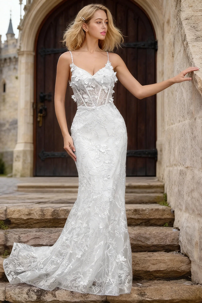 Kira White Glitter Dress Mermaid Prom | Spaghetti Strap Sweetheart Neckline Corset Flower Gown - US0 - PromDressClub