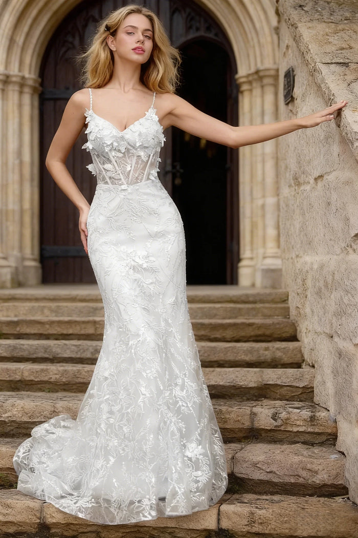 Kira White Glitter Dress Mermaid Prom | Spaghetti Strap Sweetheart Neckline Corset Flower Gown - US0 - PromDressClub