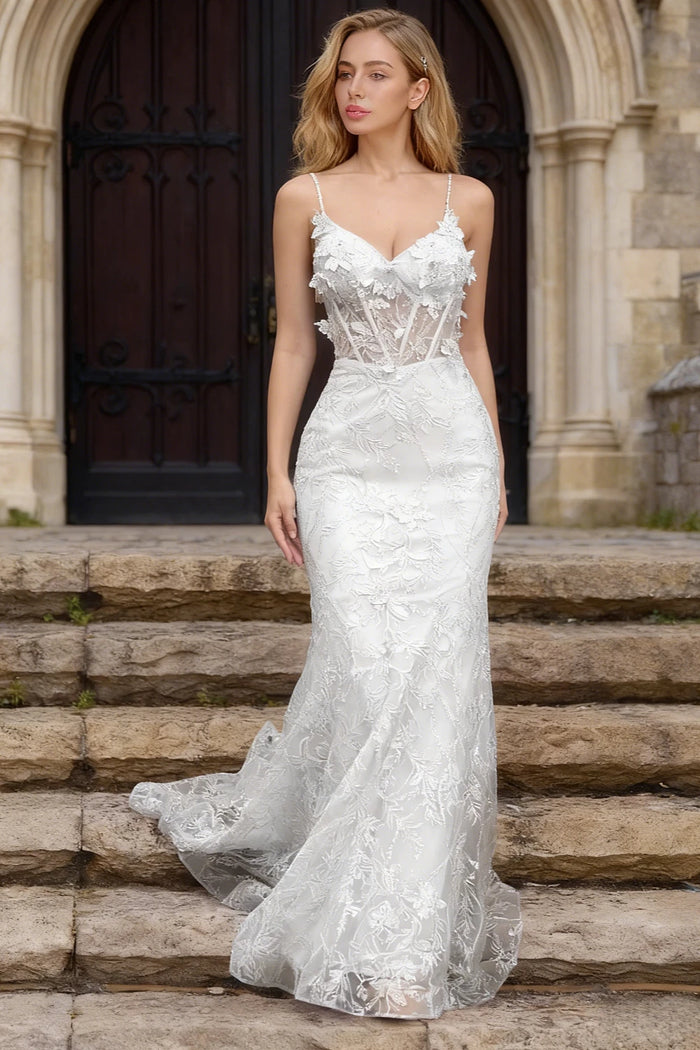 Kira White Glitter Dress Mermaid Prom | Spaghetti Strap Sweetheart Neckline Corset Flower Gown - US0 - PromDressClub