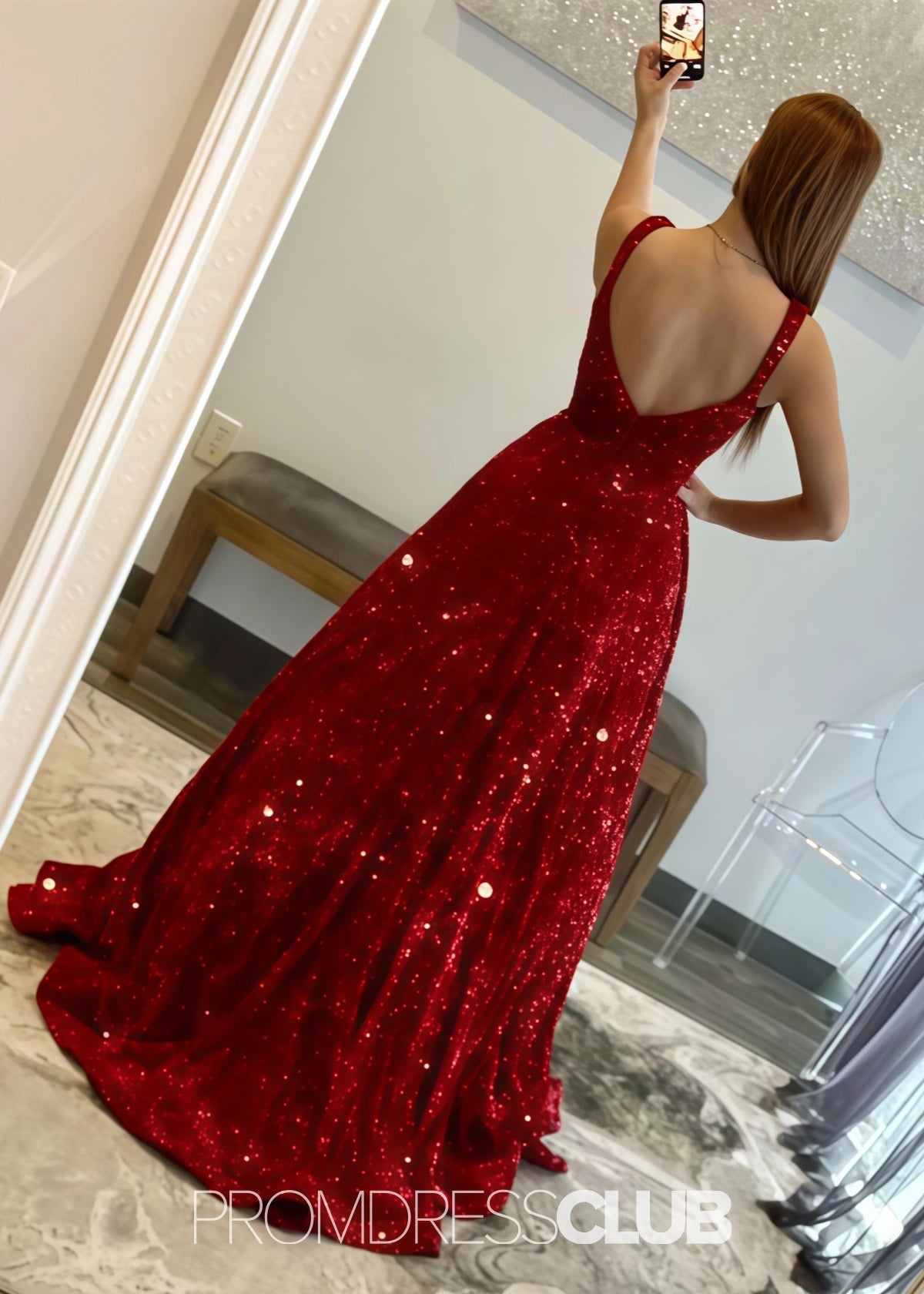 Kitty | A - line Sparkly Dark Red Long Prom Dress - Dark Red - PROMDRESS Club