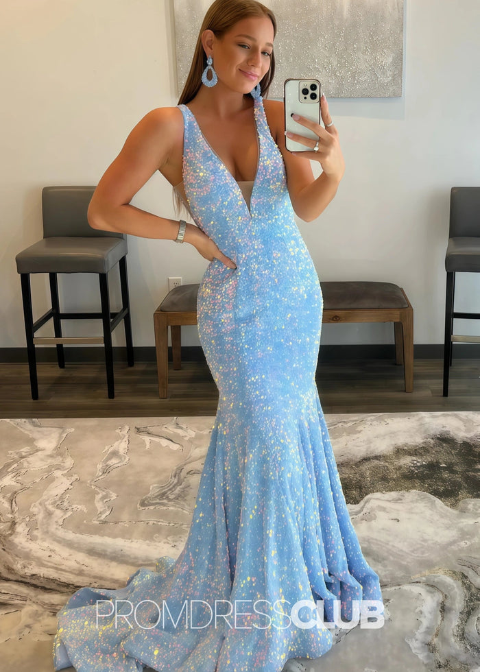 Kitty |Long Light Blue Prom Dresses Near Me With Sequin V Neck Mermaid - Price #price_variant_lowest# - Light Blue - PromDressClub