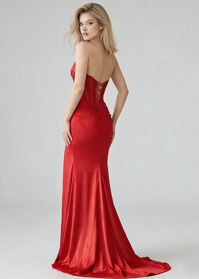 Kori Satin Red Beaded Prom Dress | Sheath Strapless Sweetheart Neckline Corset Cocktail Dress with Slit - Red - PromDressClub