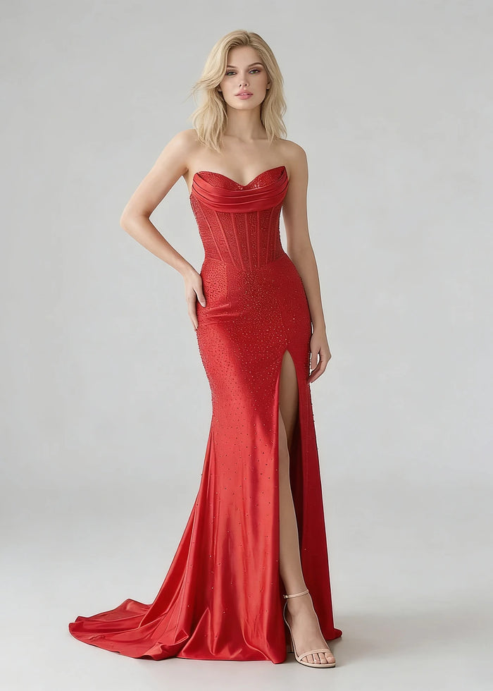 Kori Satin Red Beaded Prom Dress | Sheath Strapless Sweetheart Neckline Corset Cocktail Dress with Slit - Red - PromDressClub