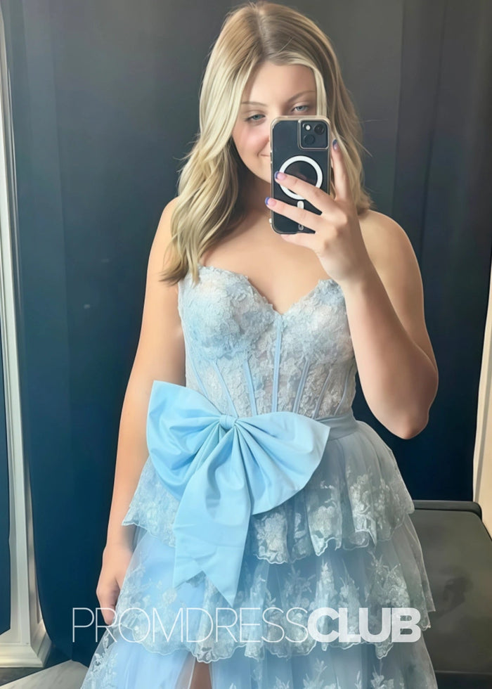 Hazel | Lace Appliques Ruffle Black Prom Dresses - Price #price_variant_lowest# - Light Blue - PromDressClub