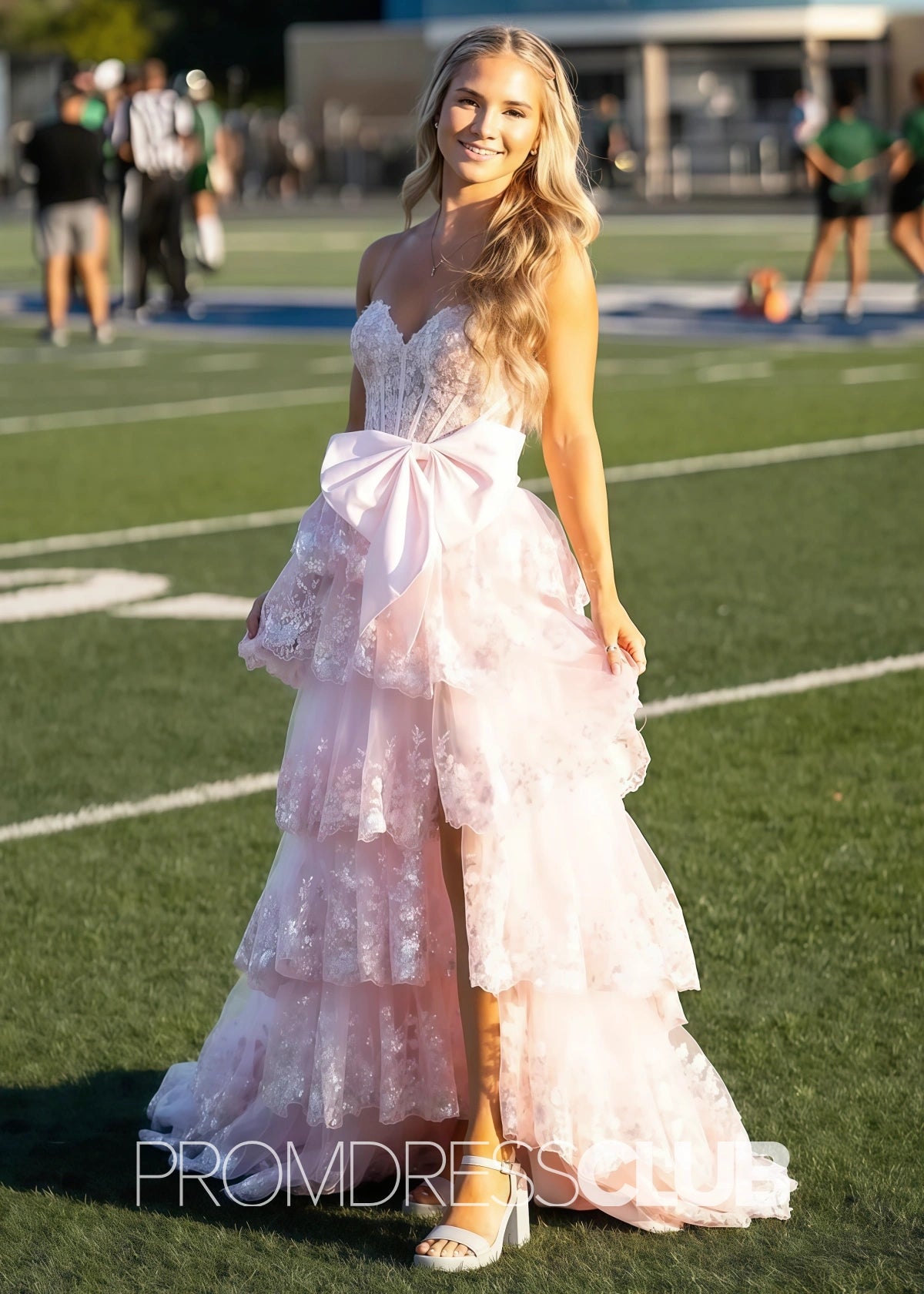 Lace Appliques Ruffle Black Prom Dresses - Light Pink - PROMDRESS Club