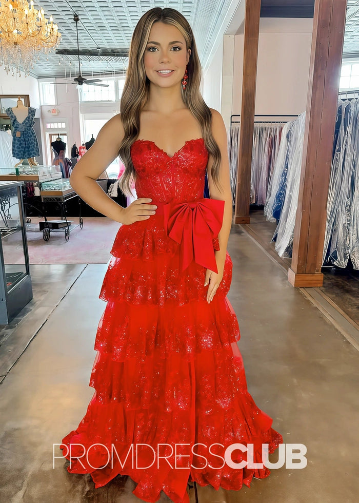 Hazel | Lace Appliques Ruffle Black Prom Dresses - Red - PromDressClub