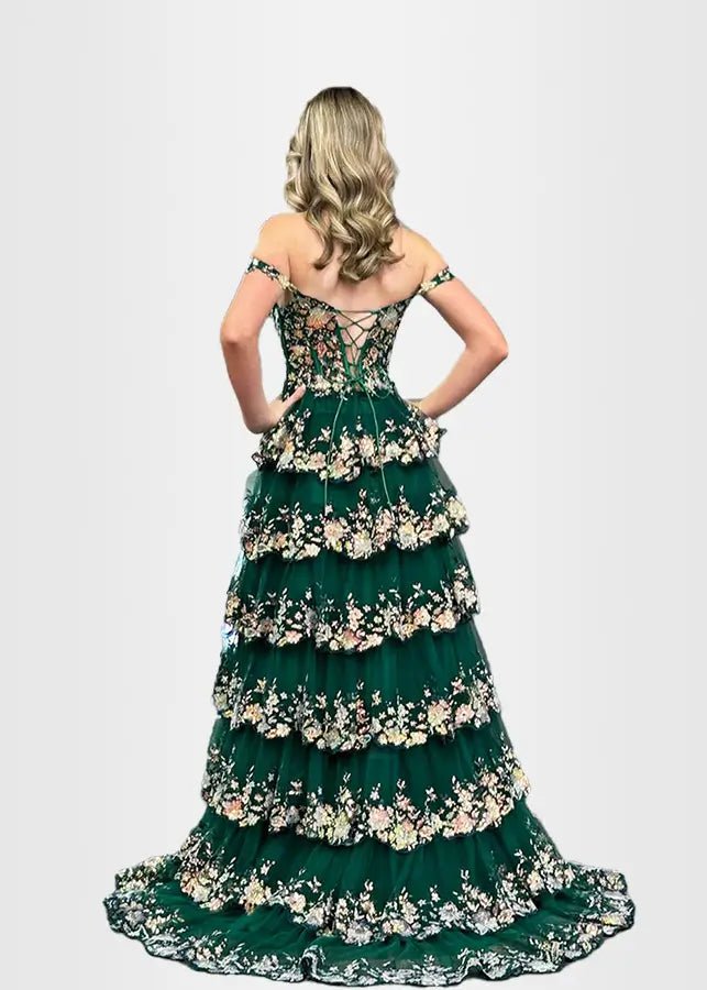 Lydia |Lace Ruffles A Line Blue Princess Off the Shoulder Prom Dress With Corset - Green - US0 - PromDressClub