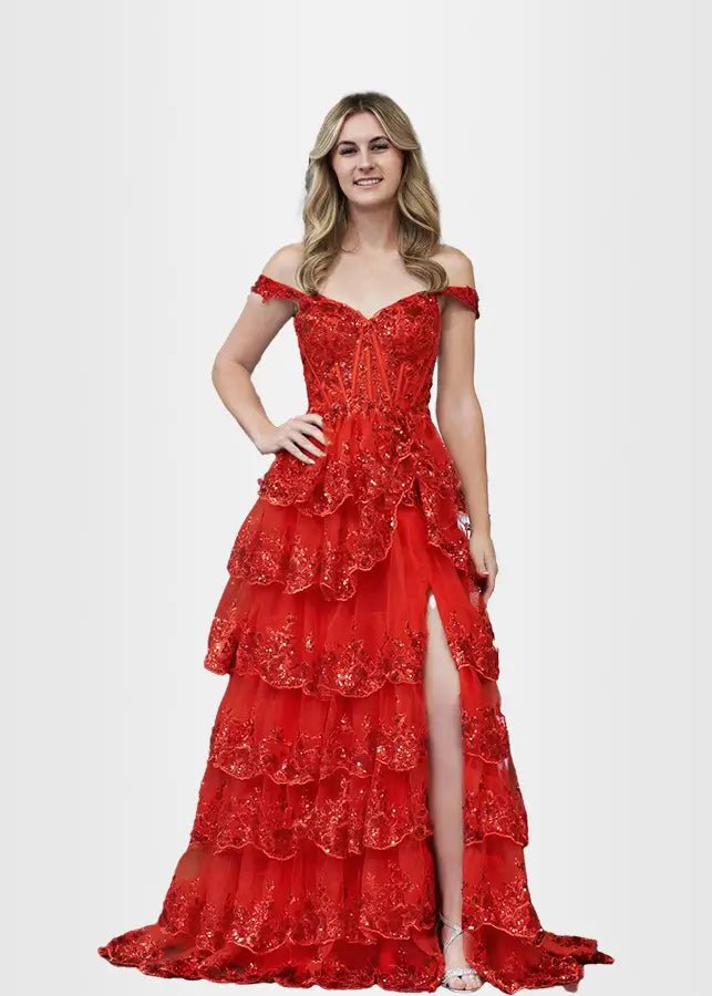 Lydia |Lace Ruffles A Line Blue Princess Off the Shoulder Prom Dress With Corset - Red - US0 - PromDressClub