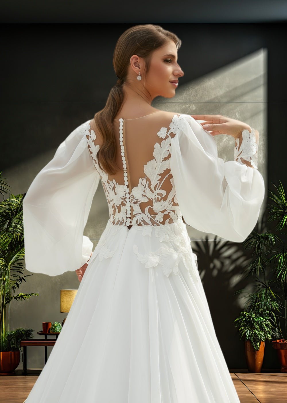 Laura | A Line/Princess Long Puff Sleeve Lace Chiffon Wedding Dress with Chapel Train - Ivory - PromDressClub