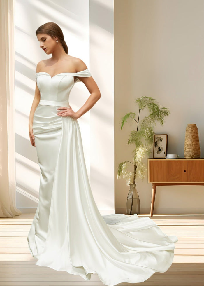 Laura | Elegant Off the Shoulder Mermaid Satin Ruched Wedding Dress with Train - Ivory - PromDressClub