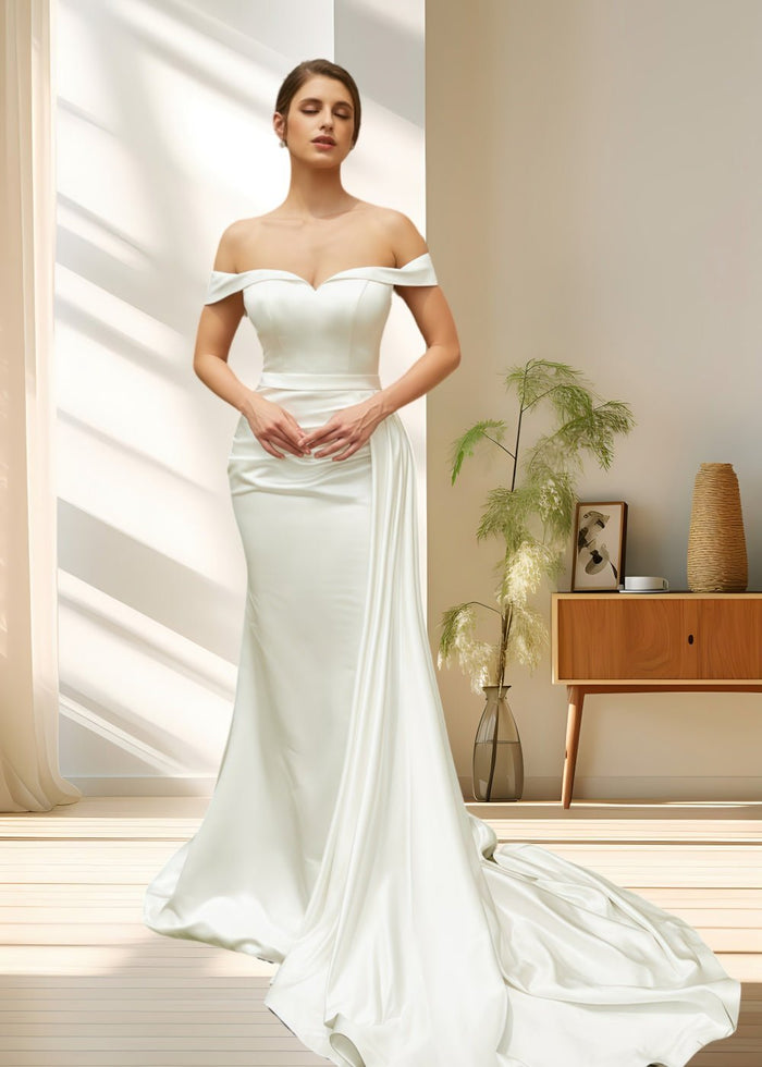Laura | Elegant Off the Shoulder Mermaid Satin Ruched Wedding Dress with Train - Ivory - PromDressClub