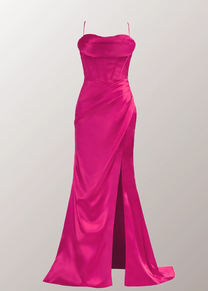 Laura | Mermaid Spaghetti Strap Fuchsia Satin Open Back Prom Dresses with Slit - Fuchsia - PromDressClub