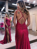 Laura |Mermaid Long Red Prom Dress Jersey Beaded V Neck with Slit - Red - US0 - PromDressClub