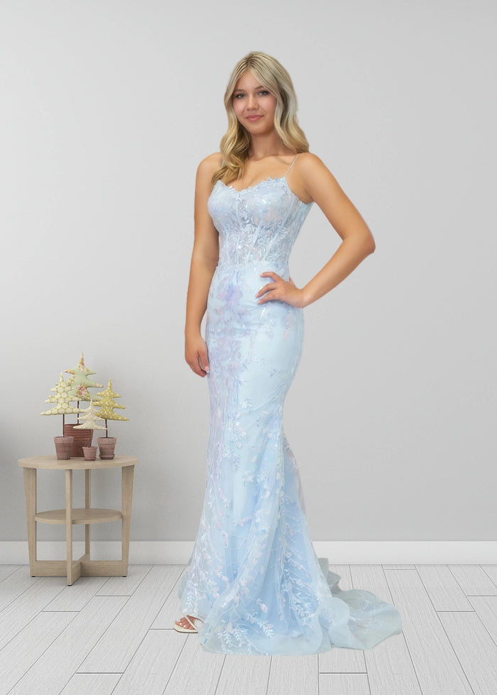 Laurel | Mermaid Light Blue V Neck Corset Sequin Formal Dress - Bady Blue - PromDressClub