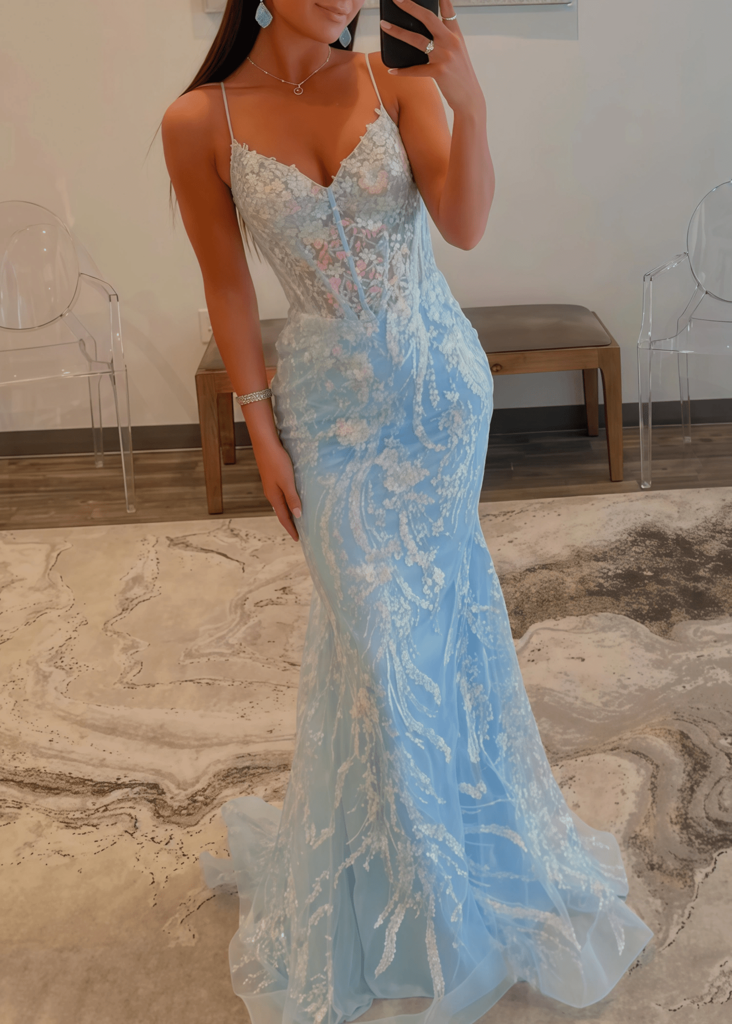 Laurel | Mermaid Light Blue V Neck Corset Sequin Formal Dress - Bady Blue - PromDressClub
