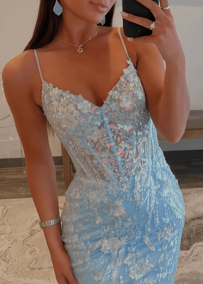 Laurel | Mermaid Light Blue V Neck Corset Sequin Formal Dress - Bady Blue - PromDressClub