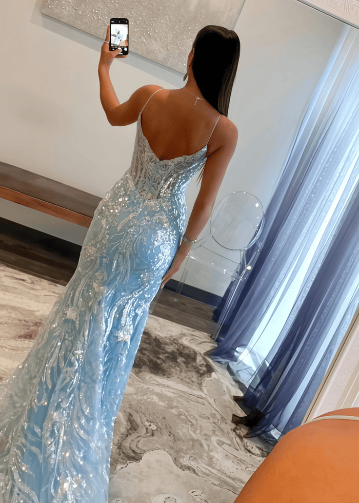 Laurel | Mermaid Light Blue V Neck Corset Sequin Formal Dress - Bady Blue - PromDressClub