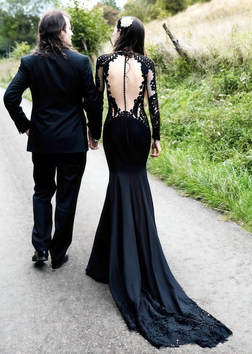 Lauren | Elegant Black Mermaid Lace Wedding Dress with Long Sleeves and Open Back - Black - PromDressClub