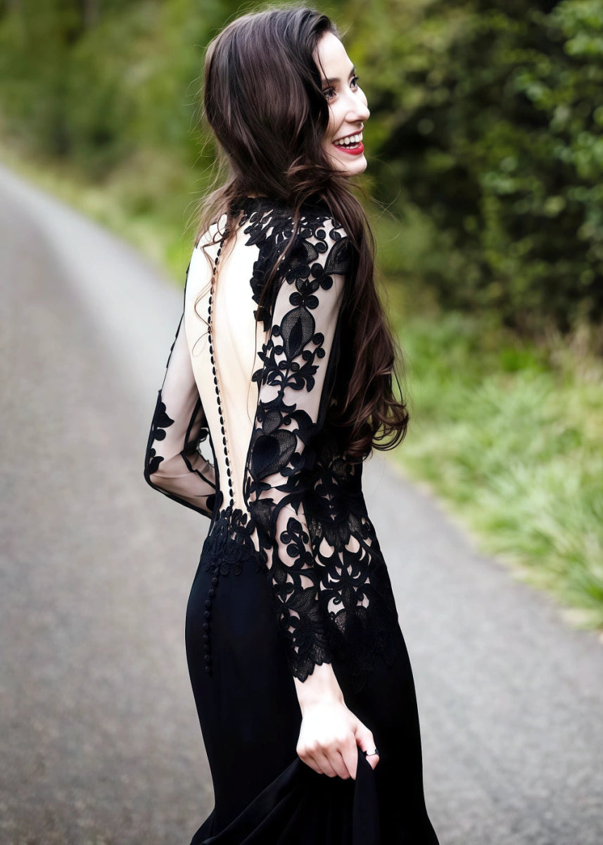 Lauren | Elegant Black Mermaid Lace Wedding Dress with Long Sleeves and Open Back - Black - PromDressClub