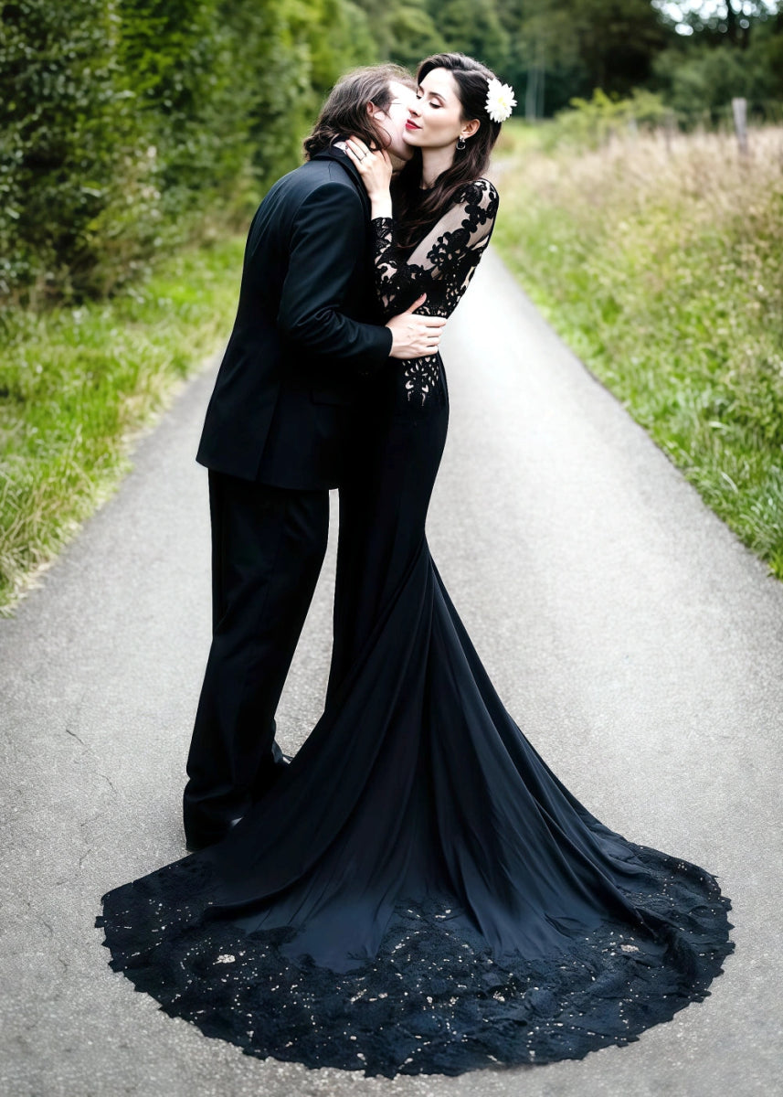 Lauren | Elegant Black Mermaid Lace Wedding Dress with Long Sleeves and Open Back - Black - PromDressClub